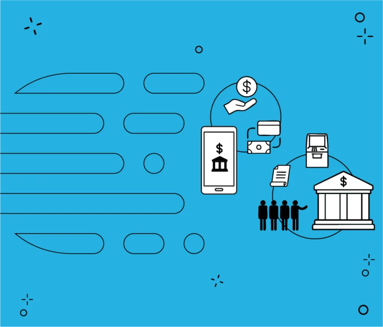 Illustration about neobanks and traditional banking, showing elements of digital and physical finance, such as mobile devices and bank buildings.