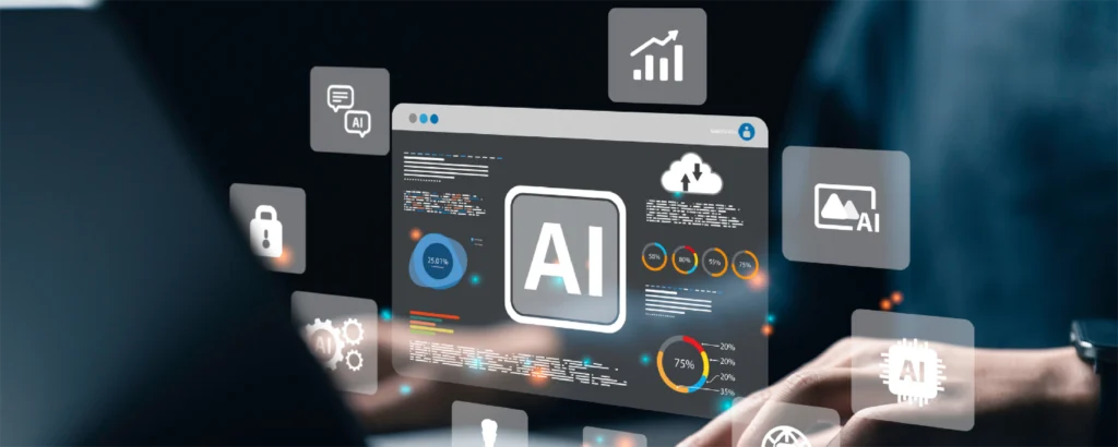 Pantalla digital con paneles de inteligencia artificial, gráficas de rendimiento y nubes de datos, representando el uso de IA en desarrollo de software moderno.